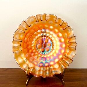 Vintage Fenton Carnival Coin Dot Glass Bowl with Crimped Edge 8.25”